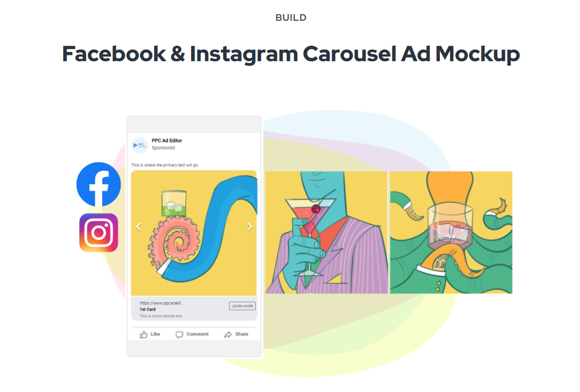 A screenshot of the Facebook Ad Mockup Generator Free tool interface, showcasing its various features for creating professional-looking Facebook ad mockups.