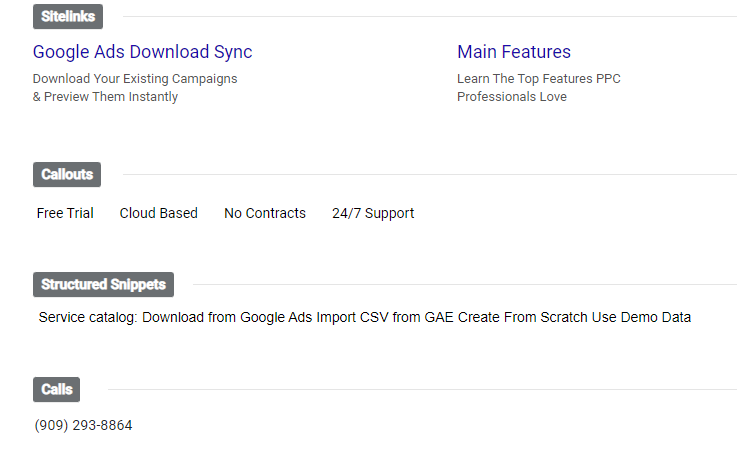 Example Google ads extensions assets